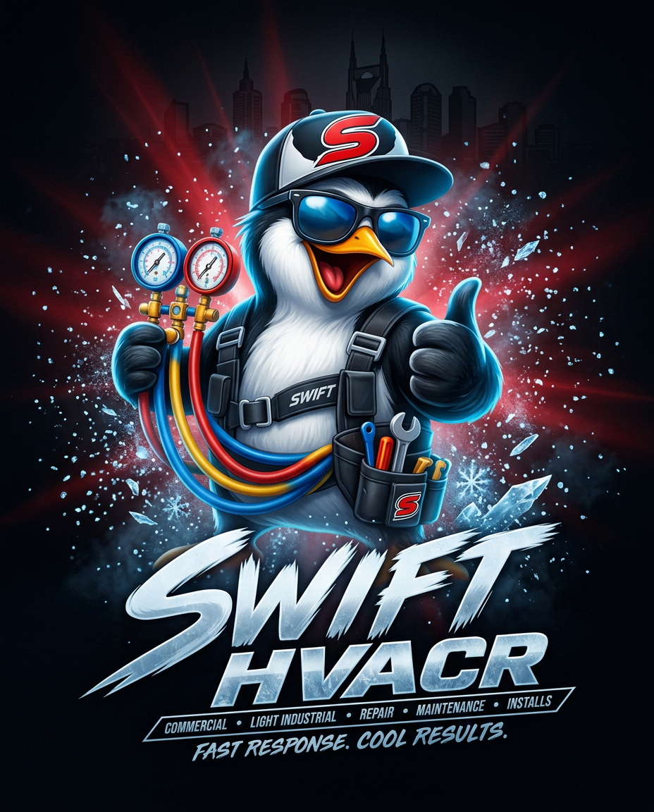 SWIFT HVACR penguin mascot brand poster